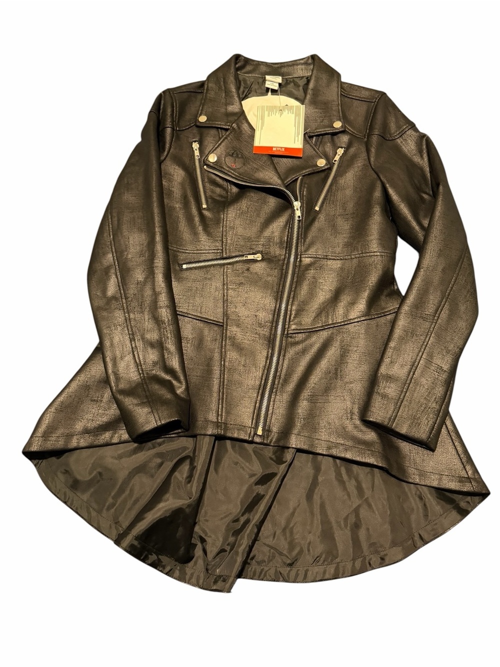Umbrella Academy Black Faux-Leather High-Low Moto Jacket, NWT,SZ Large